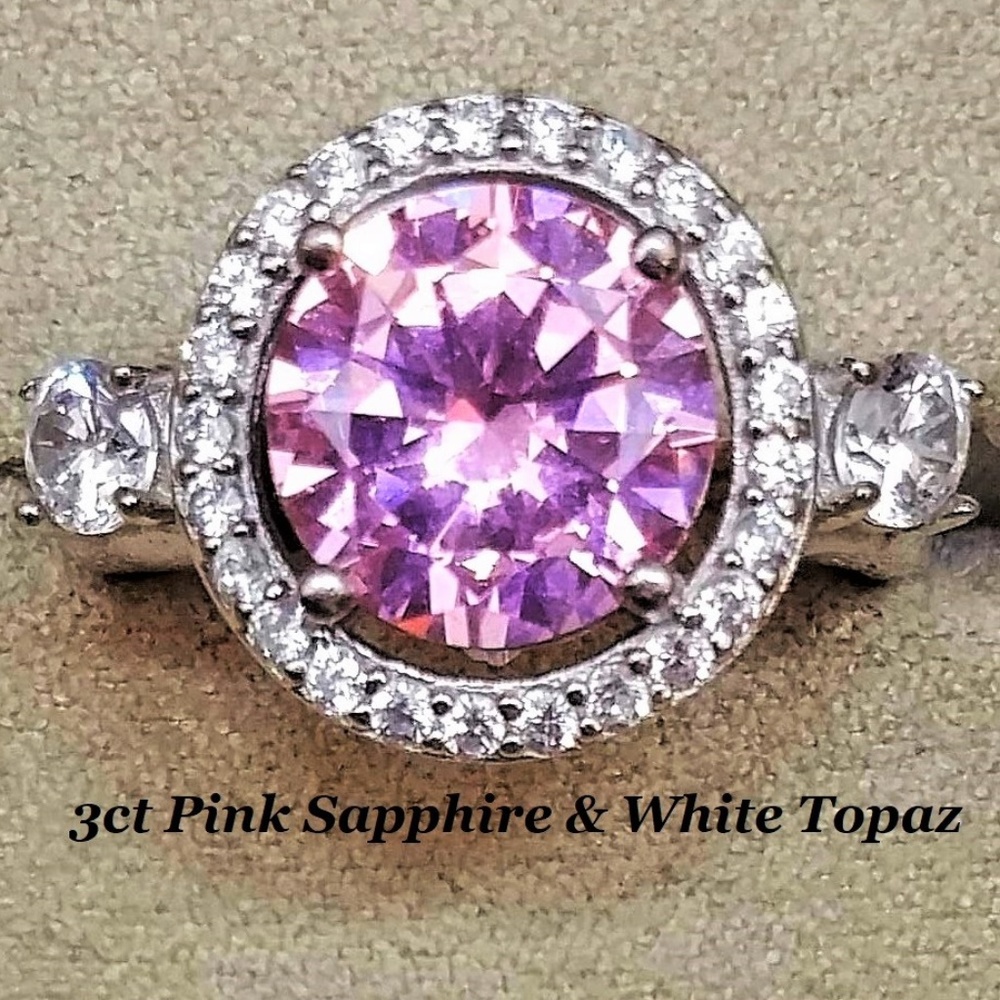 3ct Pink Sapphire & White Topaz Ring Sz 8
